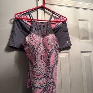 Free Country Coral Pink Paisley Swim Tankini Top with Black Trim